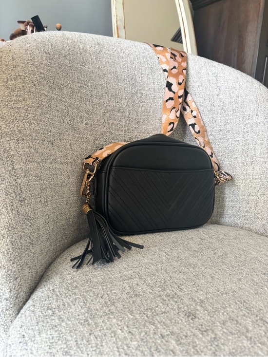 Handbags - Black Crossbody Camera Bag with Leopard Strap and Tassel